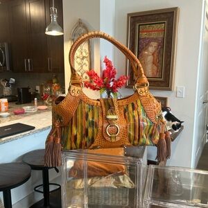Sharif Multicolor Tribal Croc Embossed Leather Satchel Bag 18”x 8.5”x 4.5” EUC
